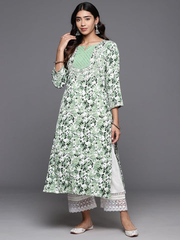 Varanga Women Women White & Green Abstract Printed Straight Kurta